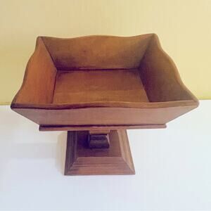 Vintage Wood Bowl Basket Fruit Nut Pedestal Centerpiece Scalloped Bread MCM